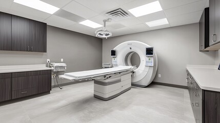 Wide panoramic shot of hospital diagnostic imaging suite with AI-enhanced digital displays.