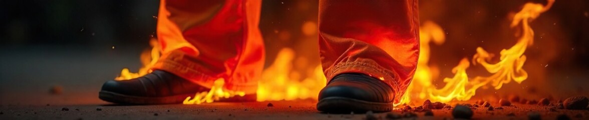 Close-up shot of a pair of pants ablaze, flames licking at the fabric, dramatic lighting highlighting the intense fire , scorching, ash