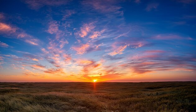 vibrant sunset to twilight transition over open horizon with wispy clouds