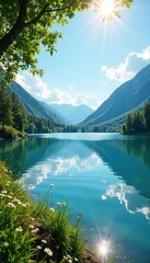 Idyllic sunny day at a serene lake, sparkling water reflecting the bright sky and lush greenery Perfect for summer, vacation, and nature themes , sparkling, day