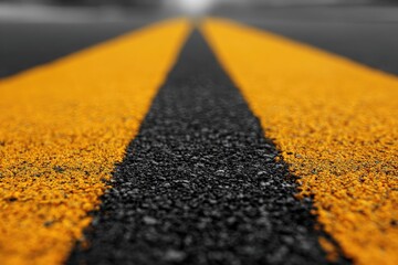 Close-up view of two bright yellow road stripes dividing a dark asphalt road