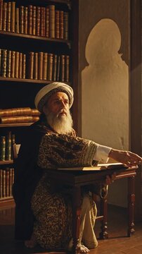 A scholarly man in traditional attire writes at a wooden desk in a dimly lit library. The side angle adds depth, perfect for a historical video scene.