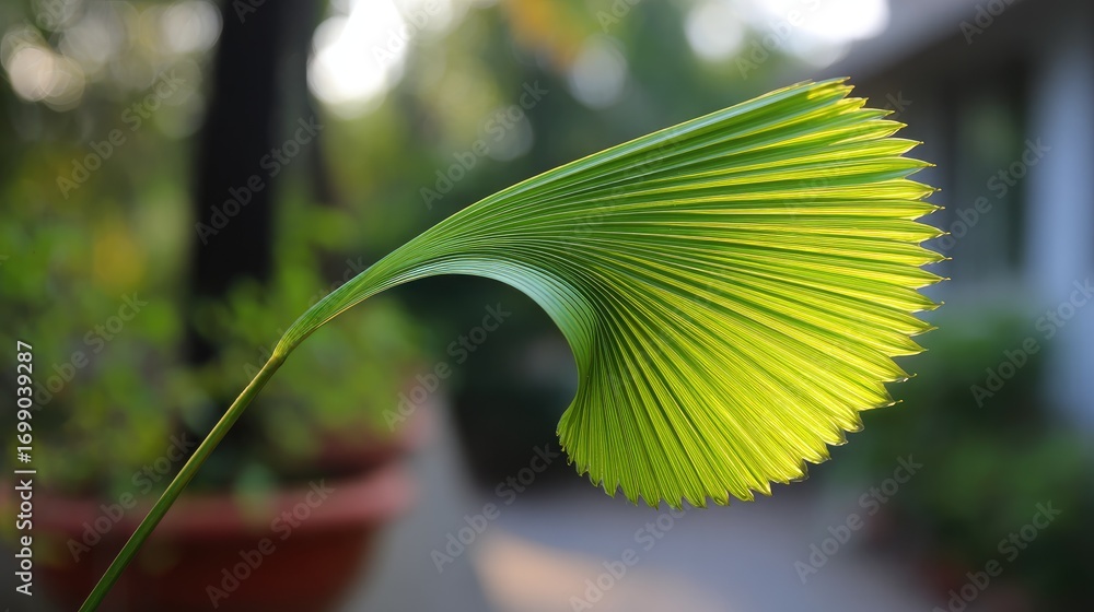Poster vibrant green palm leaf with unique texture set against a softly blurred background in a natural set