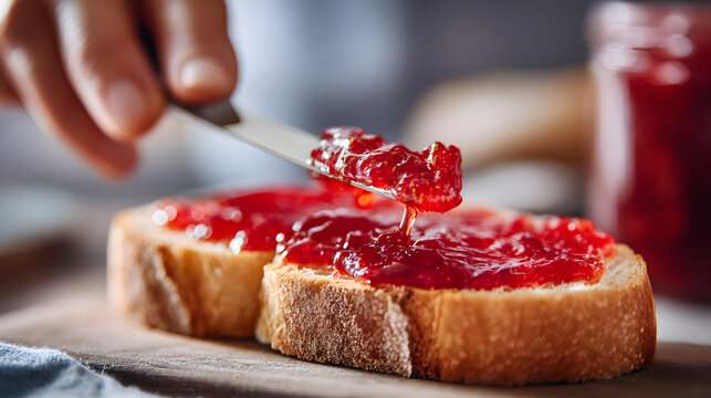Chef spreading delicious homemade strawberry jam on toasted bread for breakfast