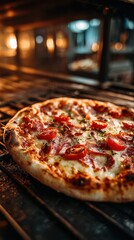 Freshly baked pizza with tomatoes and herbs cooling in a wood-fired oven at a restaurant during the evening