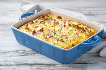 Baked egg dish with ham in blue baking dish