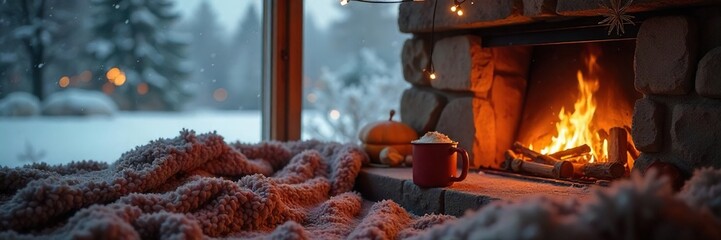 Embrace the warmth indoors while winter rages outside Cozy scene featuring a fireplace, blankets, and hot cocoa Perfect for winter comfort, hygge, and seasonal relaxation themes , logs, warm