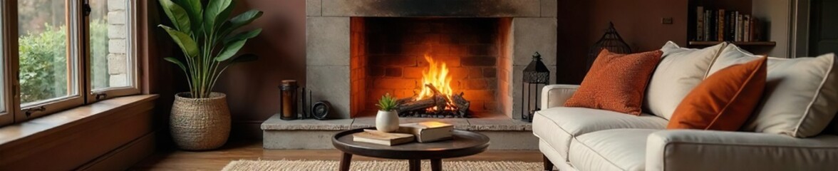 Cozy living room with a fireplace, plush sofa, and stylish throw pillows, creating a warm and inviting atmosphere perfect for relaxation , style, rustic
