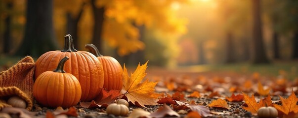 Cozy autumn scene with warm-toned sweaters, pumpkins, and falling leaves, evoking a feeling of relaxed fall comfort instead of summer's heat , autumnal, rustic, seasonal transition