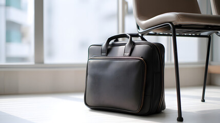 Business briefcase leaning against chair in modern office