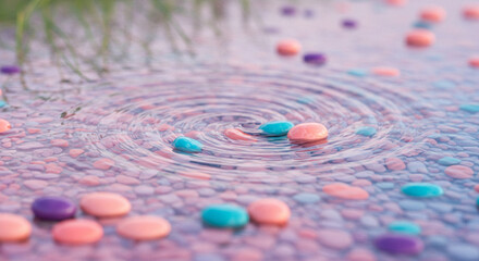 Colorful pills in water with ripples in soft pastel colors and serene lighting for healthcare advertisement