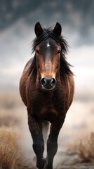 Horse walks through foggy landscape at dawn, showcasing natural beauty and serene environment of rural setting