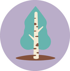 Minimalist illustration of a solitary tree with a white trunk and blue-green leaves on a gradient purple background