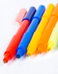Colorful pens in a row on a white surface