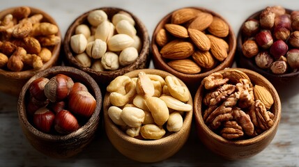 Assortment of Healthy Nuts in Wooden Bowls on a Rustic Table.