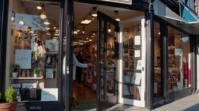 Street-level video shot of a charming boutique entrance, showcasing inviting displays and warm lighting, capturing a cozy, welcoming vibe.
