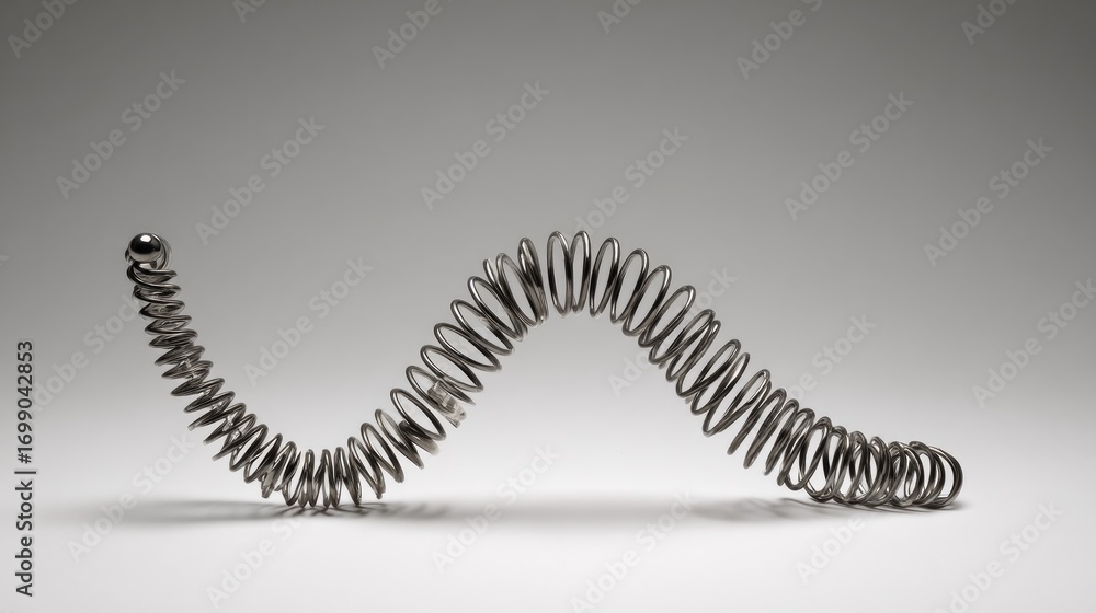 Poster metal coil sculpture with dynamic curves and reflections on a minimalistic background, showcasing un
