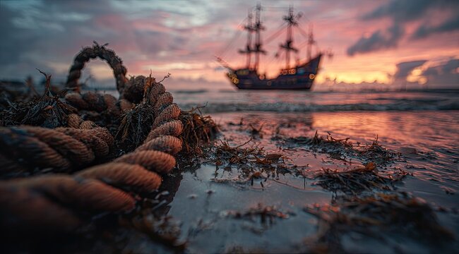Sunset Seascape: Ship and Weathered Rope - Powered by Adobe
