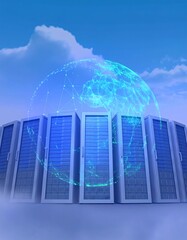 Server farm with global network graphic overlay