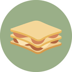 Illustration of a layered dessert resembling lasagna with creamy fillings and crisp golden-brown sheets, centrally framed within a circular border on a muted green background