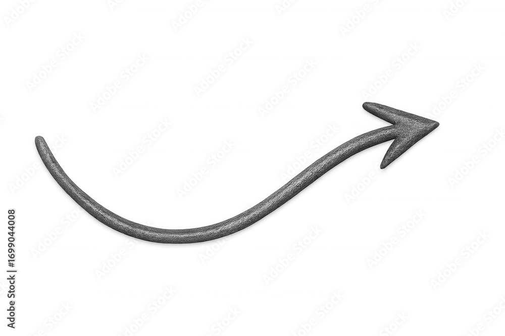 Poster curved metallic gray arrow is pointing upward on a transparent background, ideal for indicating dire