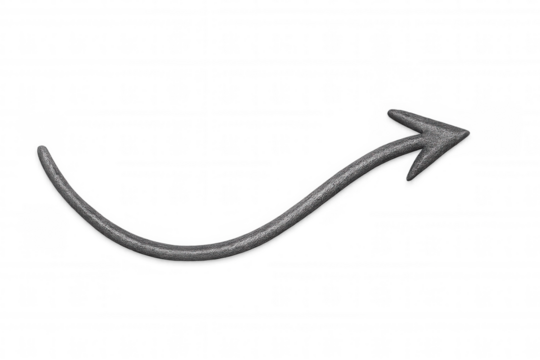 Curved metallic gray arrow is pointing upward on a transparent background, ideal for indicating direction or progress