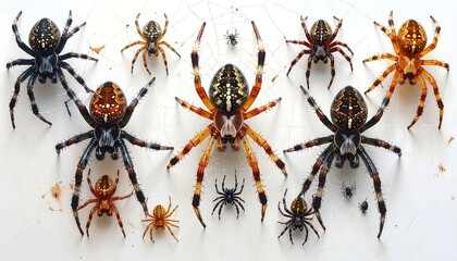 A detailed close-up view of various orb-weaver spiders, showcasing intricate patterns and contrasting colors against a white background with spiderwebs.