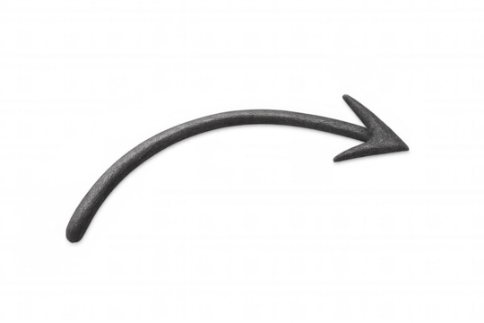 Curving gray arrow pointing right, featuring a transparent background, symbolizes direction and movement in a modern design context