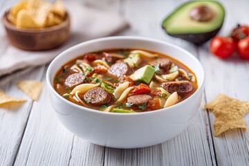 Hearty sausage soup in a white bowl, surrounded by tortilla chips, avocado, and cherry tomatoes