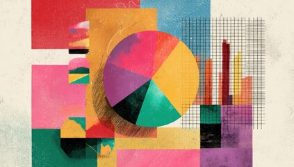 Abstract composition with pie chart and geometric shapes.  Colorful, textured collage style.  Graphic design elements overlaid