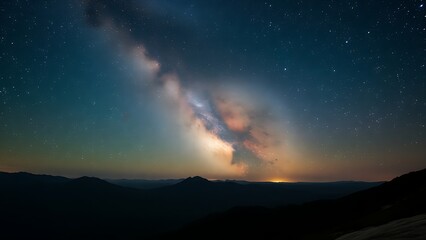 Fototapeta premium Mountain landscape under a starry night sky with the Milky Way visible, creating a serene natural scene.