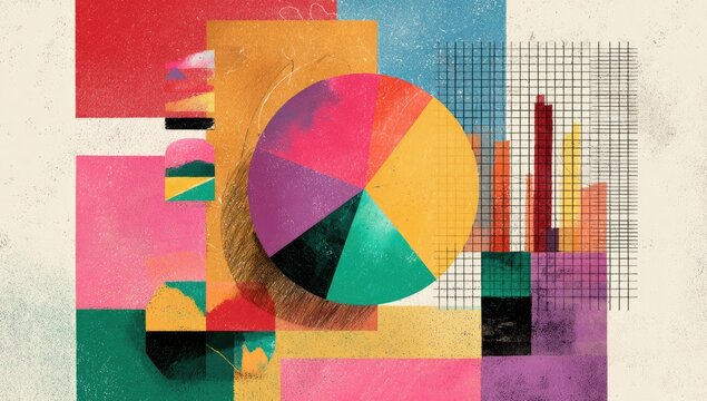 Abstract composition with pie chart and geometric shapes.  Colorful, textured collage style.  Graphic design elements overlaid