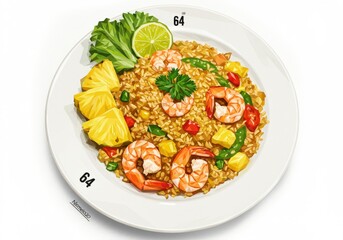 Vibrant Polygonal Plate of Fried Rice with Shrimp, Pineapple, and Lime