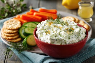 Fresh dill dip in a red bowl, served with crackers and vegetables