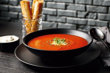 Gourmet tomato soup, served with breadsticks and a creamy topping
