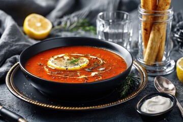 Spicy tomato soup in a black bowl, garnished with lemon and herbs