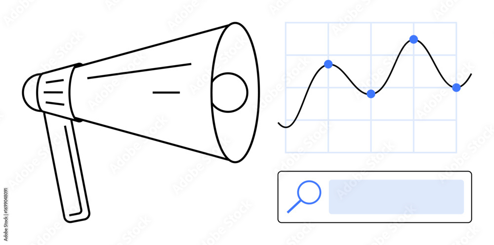 Poster megaphone highlighting information, data analytics line graph with growth points, and search bar dis