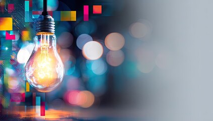Glowing light bulb, vibrant colors, abstract shapes