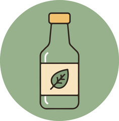 Muted green bottle with light brown cap and stylized leaf label on light green circular background