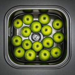 Green apples in a stainless steel sink