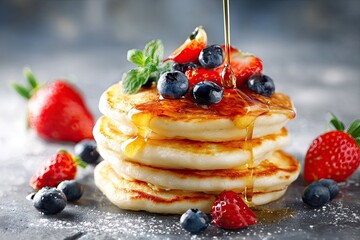 Stack of pancakes topped with fresh berries and syrup