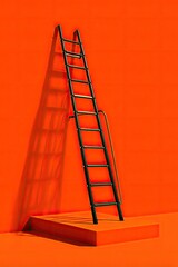 Dark green ladder leans against vibrant orange wall