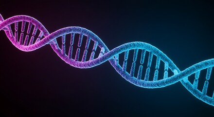 3D rendering of DNA double helix molecule, glowing blue and pink strands, isolated over dark gradient background, concept of genetics and biotechnology.