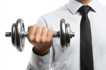 Close-up of a person in a white shirt and tie holding a dumbbell