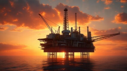 Obraz premium Vibrant Sunset Over Offshore Oil Rig: Industrial Silhouette on Reflective Sea