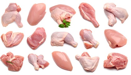 Assortment of various raw chicken parts displayed against a plain white background.