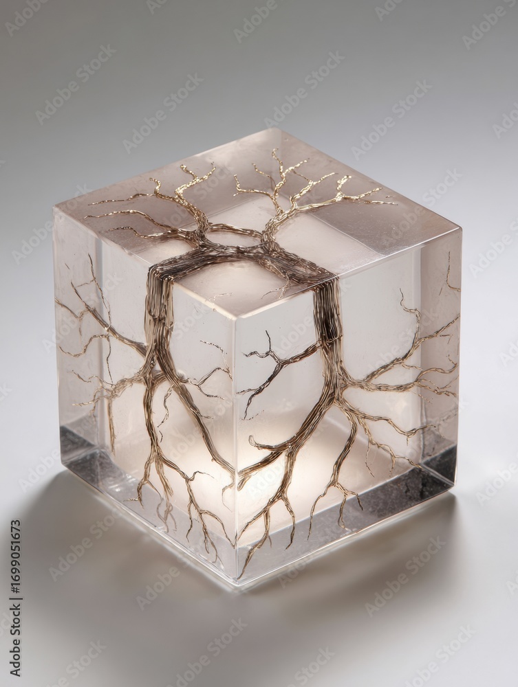 Poster unique resin cube sculpture featuring intricate tree root design in contemporary art display
