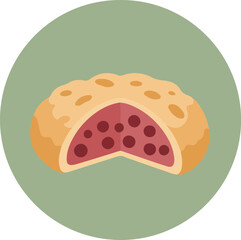 Handcrafted pastry with golden-brown crust and deep red fruit filling on light green background