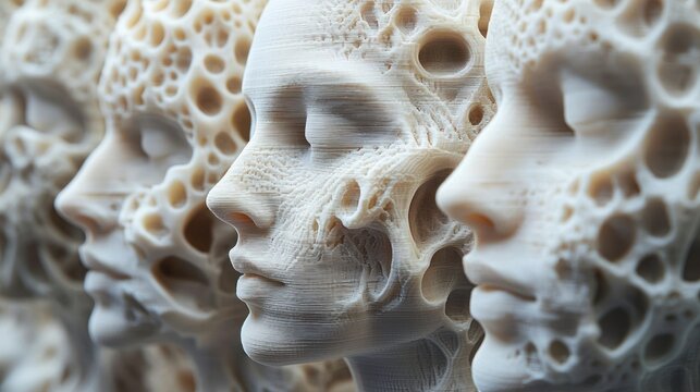 Abstract 3D-printed sculptures of human faces with intricate porous textures.