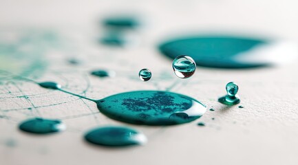 Teal ink droplets on white paper